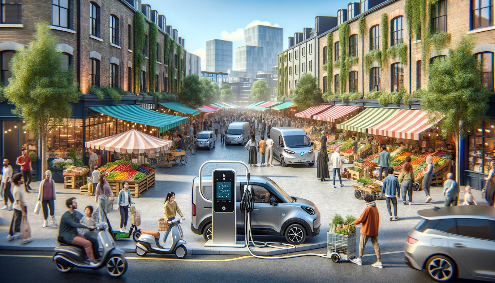 Outdoor market scene with an electric vehicle (EV) charging station, bustling with shoppers and vendors near colorful storefronts, showcasing sustainable urban community life.