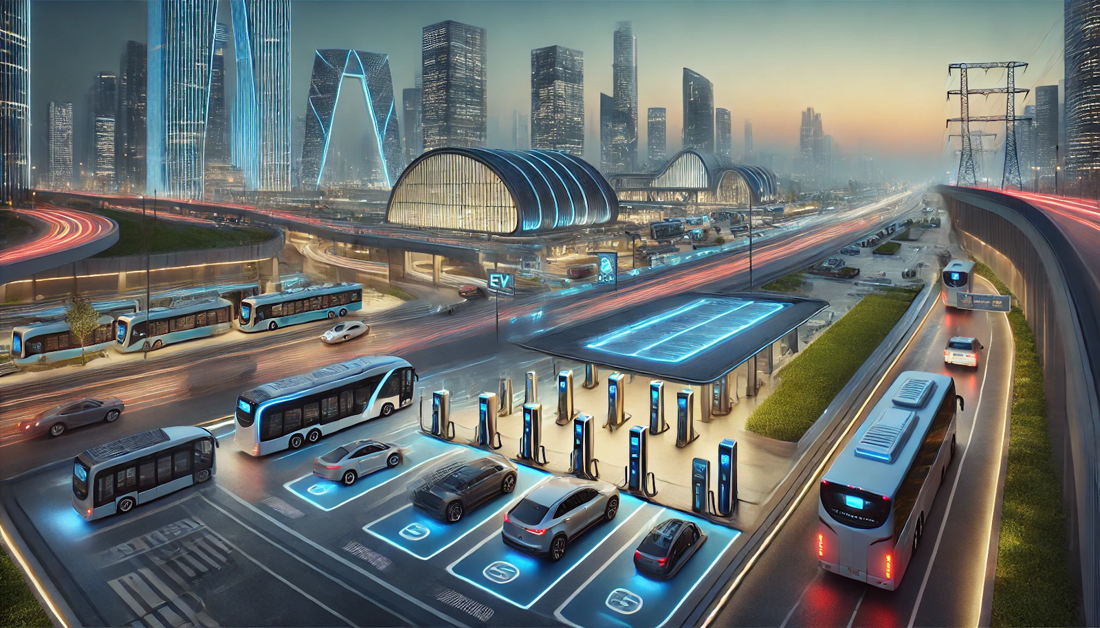 Futuristic urban transit hub at twilight with a modern EV charging station, featuring heavy-duty trucks, buses, and passenger cars under neon lighting and digital displays, highlighting advanced sustainable transport.