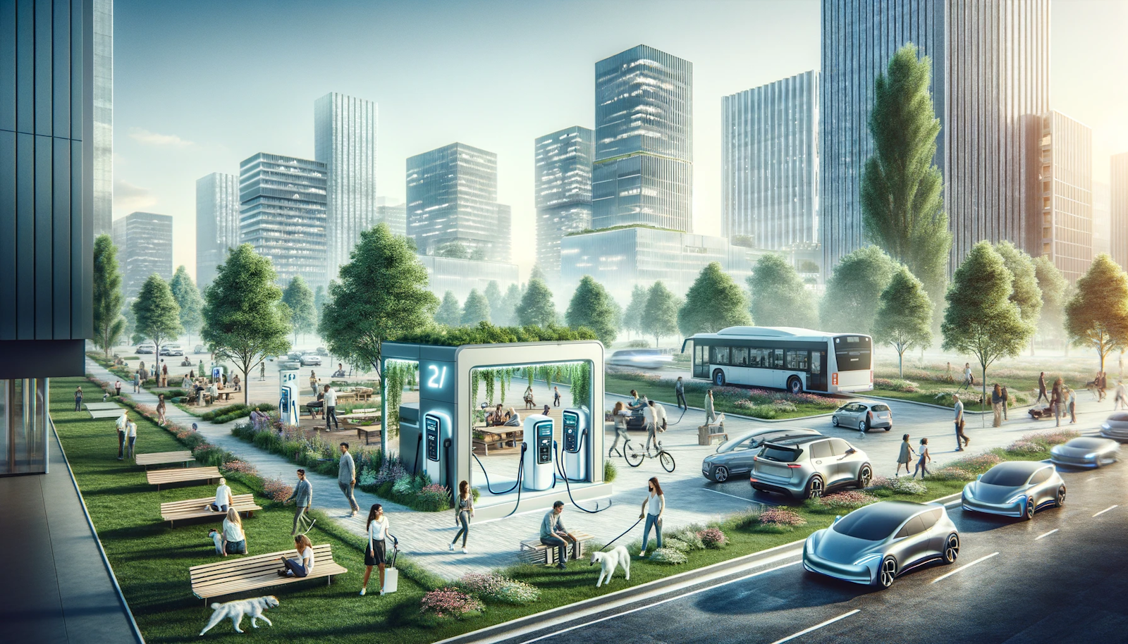 Urban park with an integrated electric vehicle charging station, surrounded by people and pets enjoying the green space, framed by tall city buildings, exemplifying sustainable urban living.