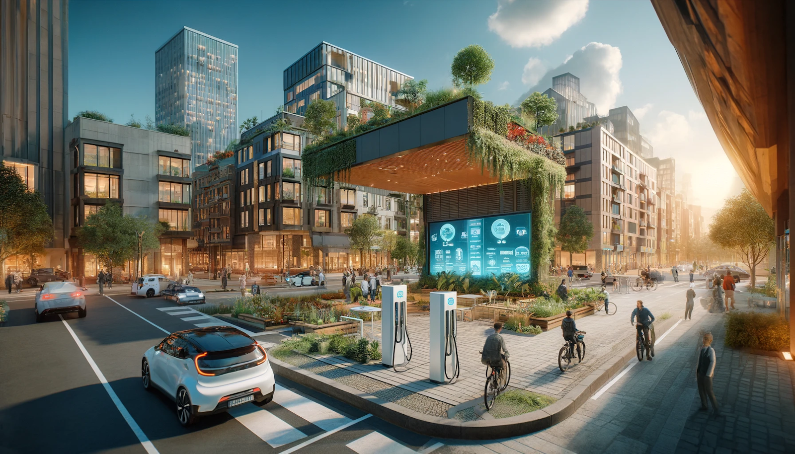 Innovative urban landscape featuring a state-of-the-art electric vehicle charging station integrated within a public space, surrounded by eco-friendly architecture and a vibrant community engaging in sustainable living practices.