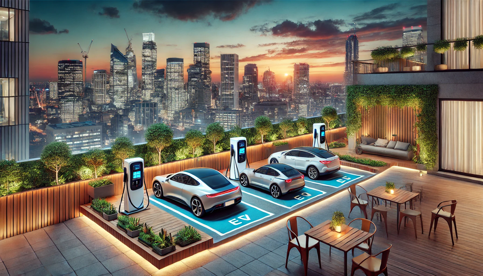 Urban rooftop at twilight with an EV charging station, greenery, and electric vehicles, against a lit city skyline, showcasing sustainable urban design.