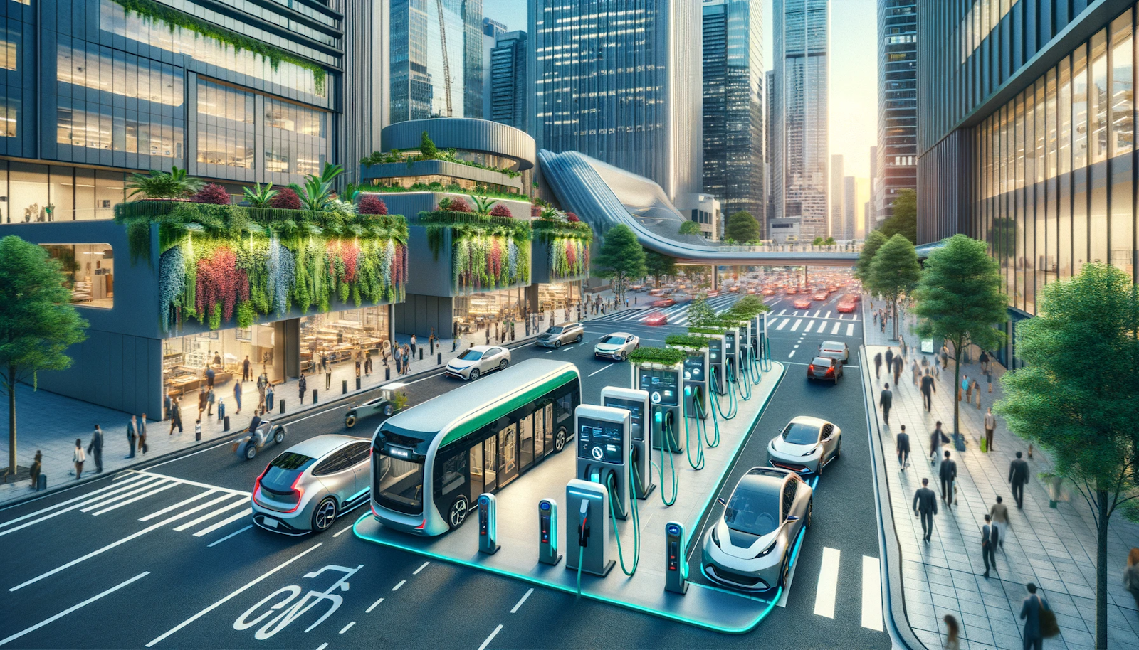 Electric vehicle charging station in a busy city square with skyscrapers, featuring electric cars and a bus, enhanced by urban greenery, showcasing sustainable urban transportation.