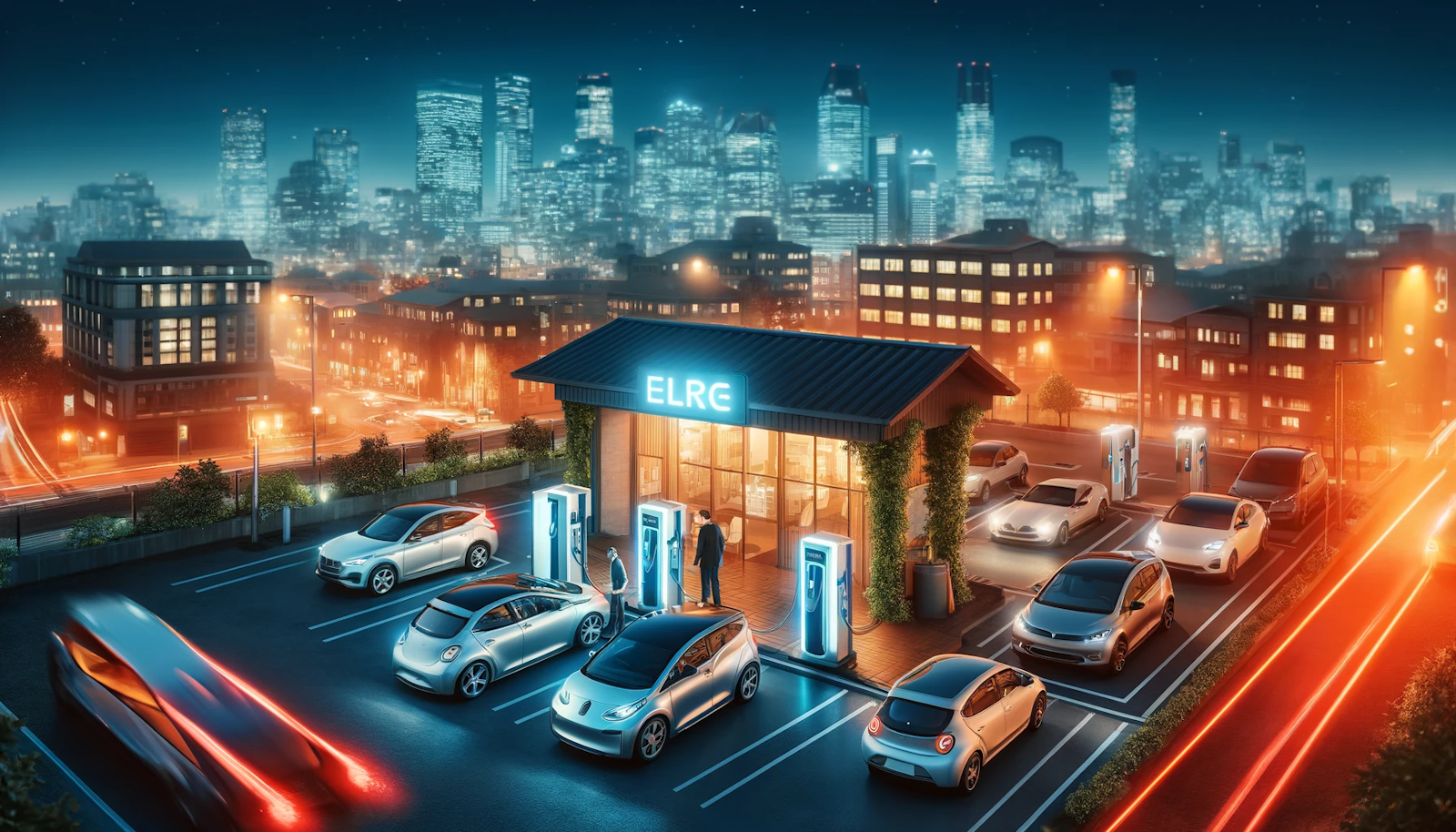 Evening scene at an electric vehicle charging station in a bustling city, illuminated by energy-efficient lighting, with electric cars charging and people engaging in conversation, highlighting the integration of electric mobility into urban life.
