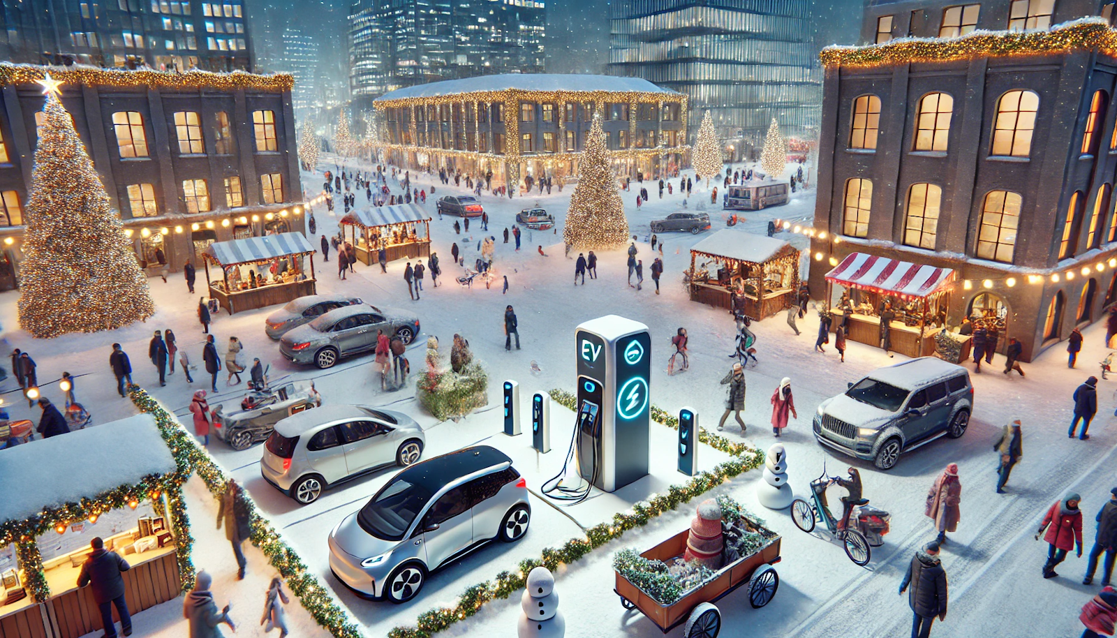 Urban square at a winter festival with an EV charging station, snow-covered streets, and festival lights. People enjoy food stalls and snow activities, highlighting sustainable urban transport.