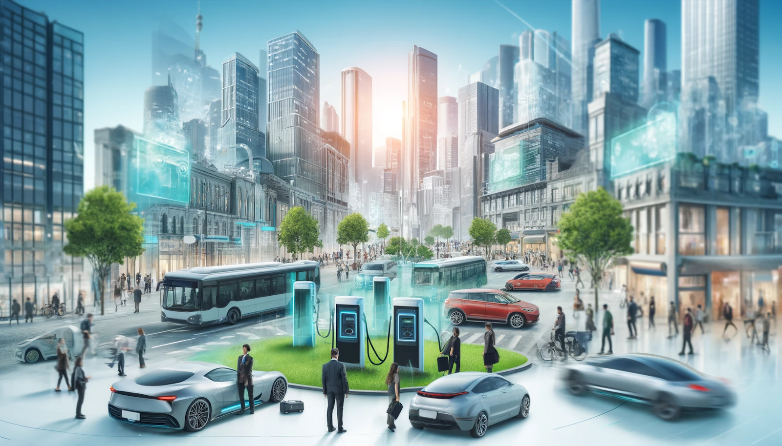 Futuristic cityscape featuring electric vehicles and integrated charging stations in a vibrant urban setting, emphasizing sustainability and electric mobility.