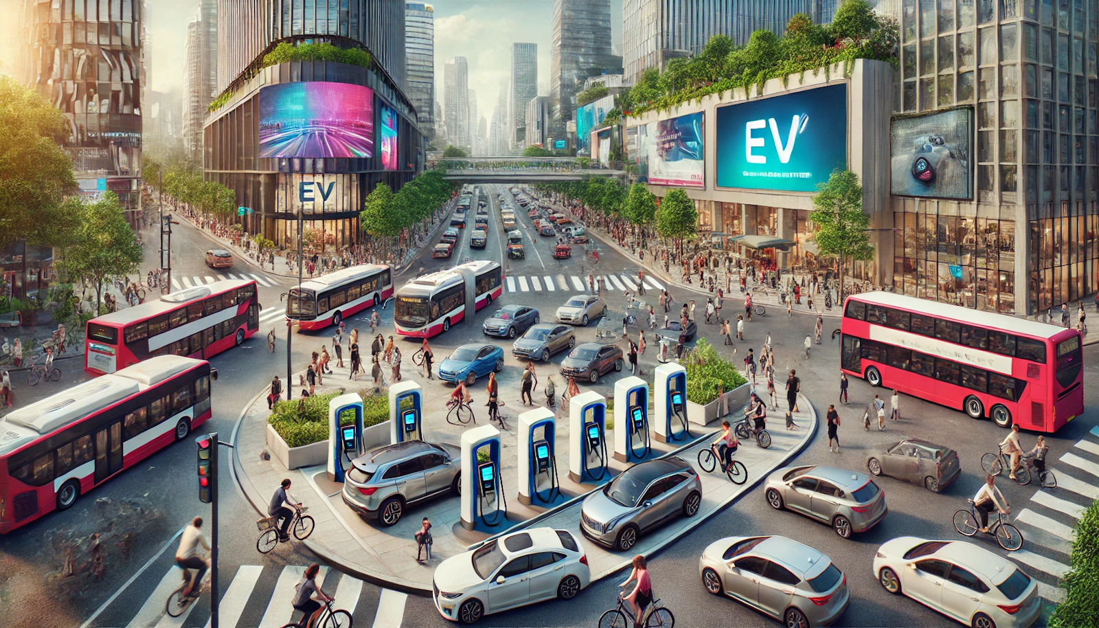 Bustling urban intersection during rush hour with a modern EV charging station, surrounded by diverse crowds, cyclists, buses, and skyscrapers, highlighting sustainable city transport.