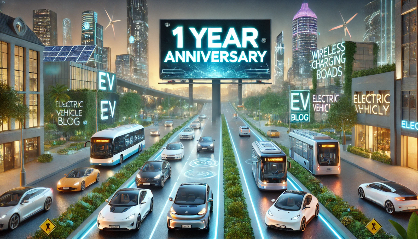 Futuristic city celebrating the one-year anniversary of an electric vehicle blog, featuring EVs, charging stations, and a glowing "1 Year Anniversary" sign.