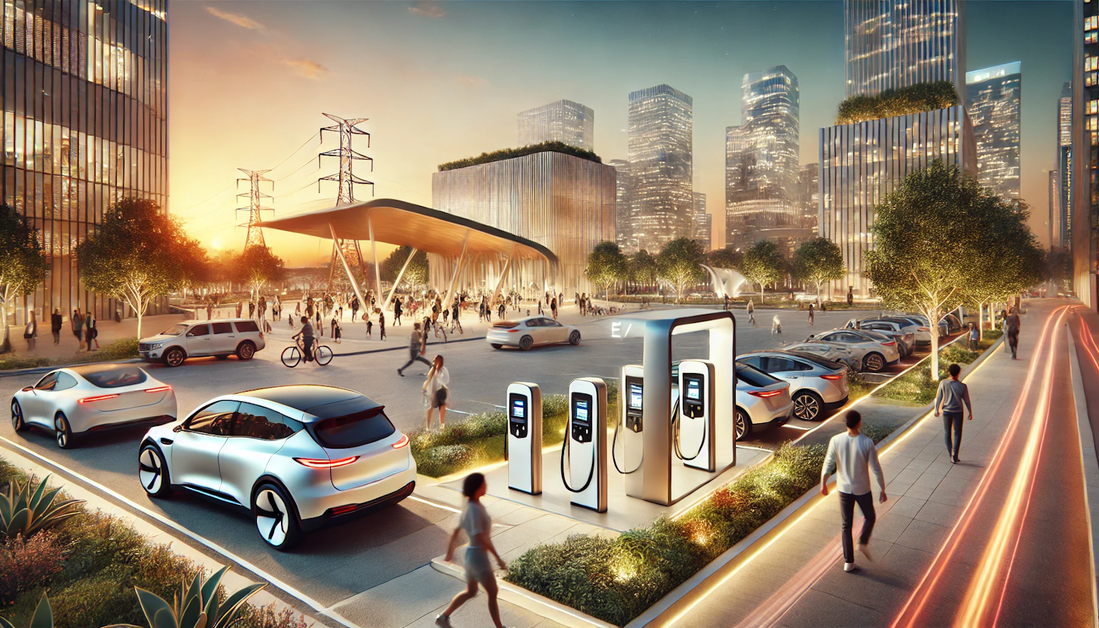 Modern urban park in the evening featuring a state-of-the-art EV charging station with people enjoying walks, joggers, and families, set against a backdrop of contemporary art installations and a city skyline at sunset, highlighting sustainable urban living.