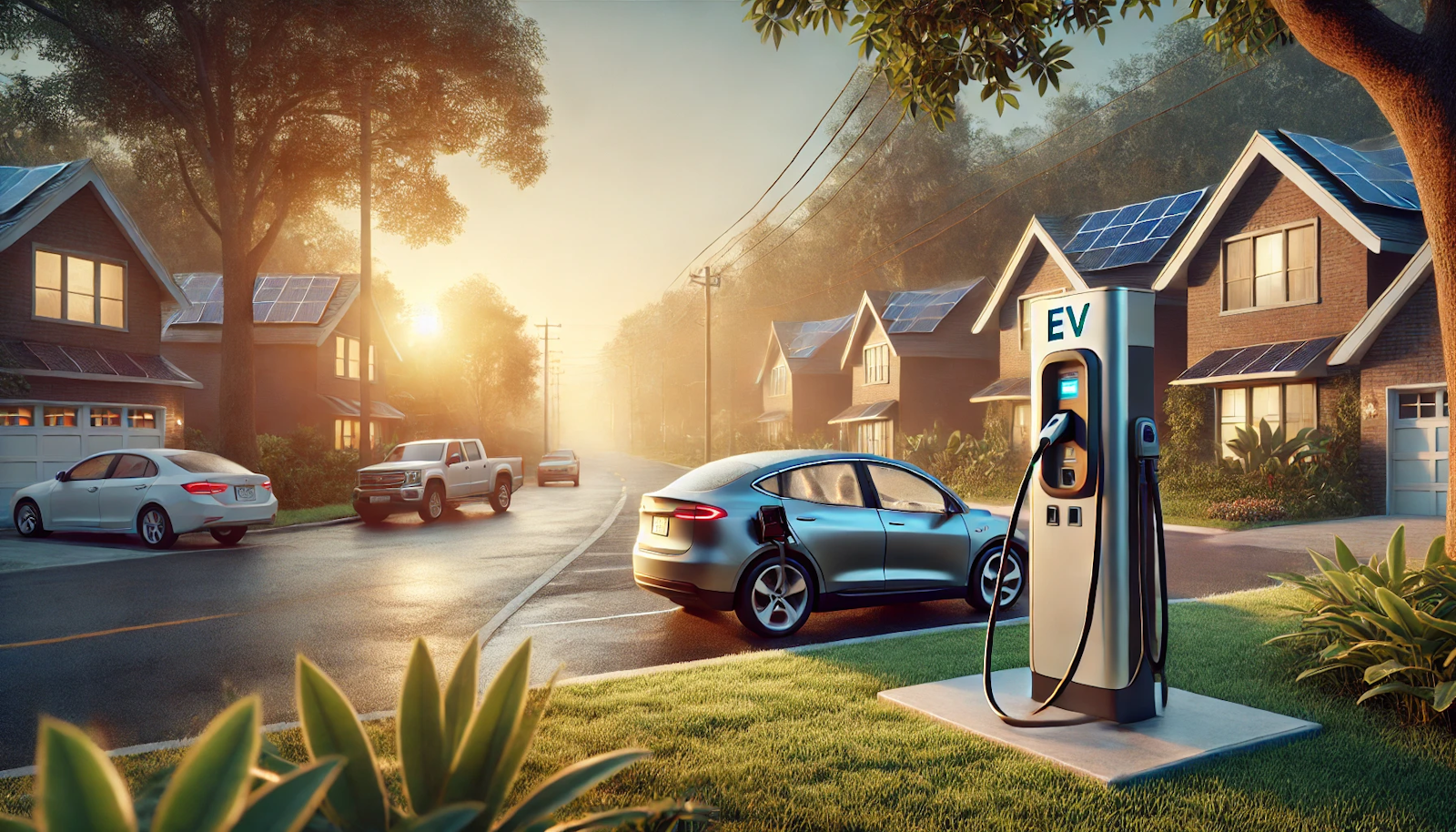 Quiet suburban street at sunrise with an EV charging station near a park, surrounded by eco-friendly homes, highlighting sustainable community living.