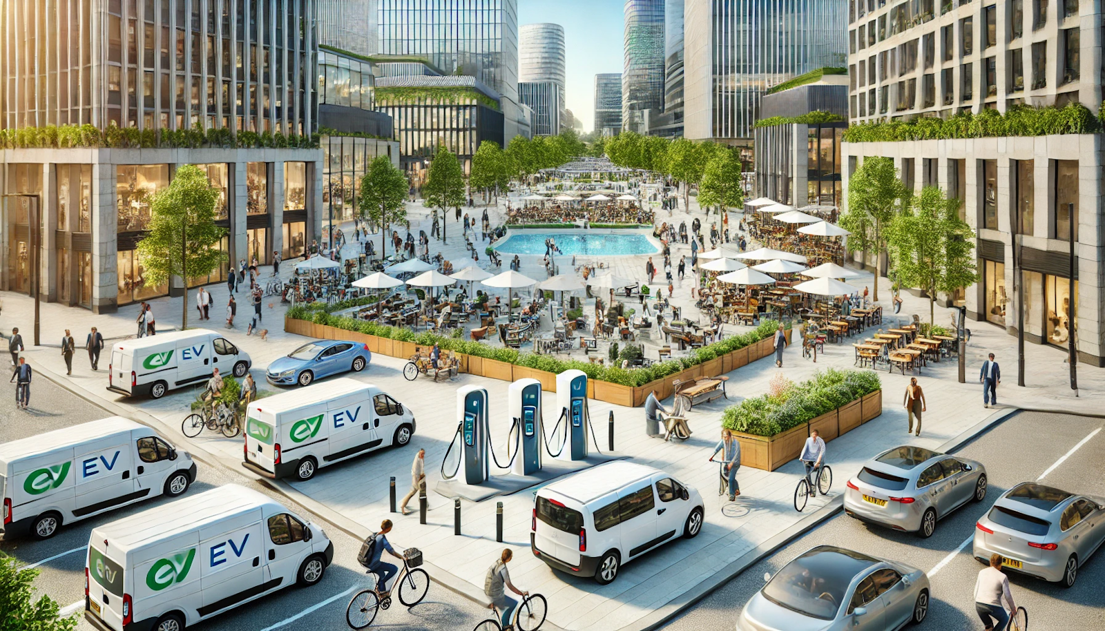 Busy city square with a modern EV charging station, people enjoying outdoor activities, and green urban spaces, showcasing sustainable city living.