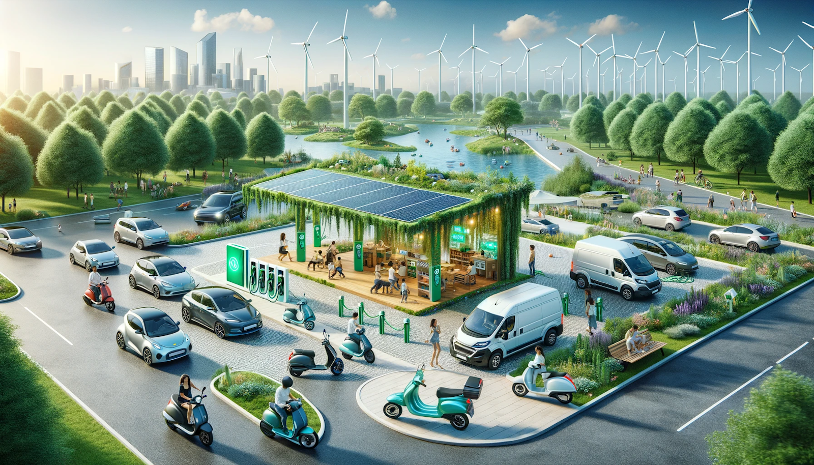 Modern green city park with diverse electric vehicles parked around a solar-powered charging station, amidst people enjoying the eco-friendly environment, with a city skyline featuring wind turbines in the background, symbolizing progress towards sustainable urban living.