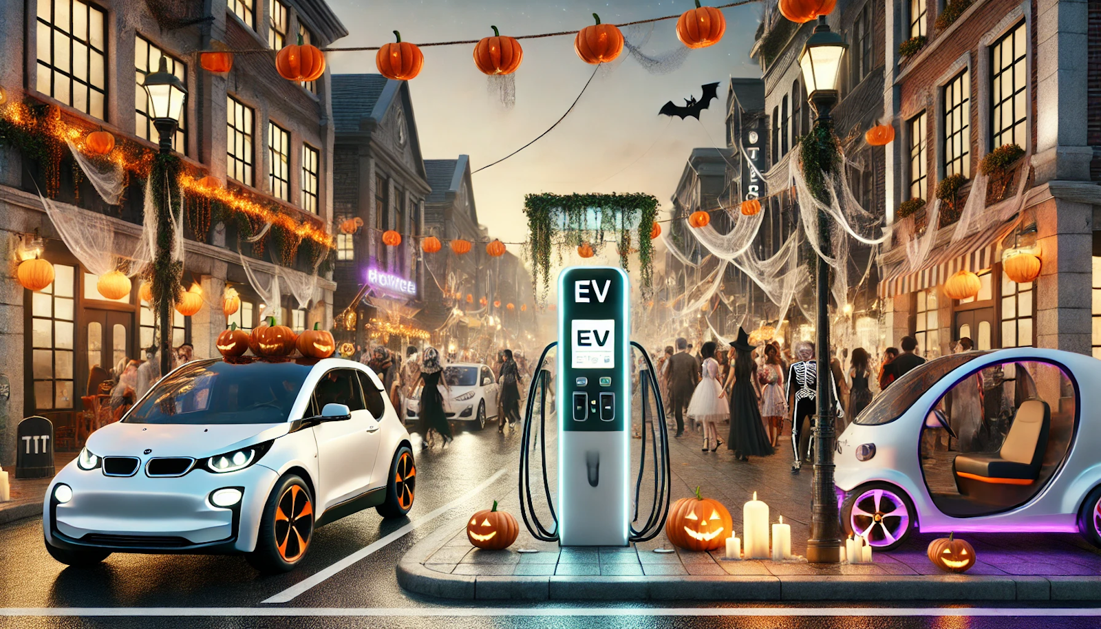 Urban street on Halloween with a decorated EV charging station, people in costumes, and themed electric vehicles, blending festive spirit and sustainable technology.