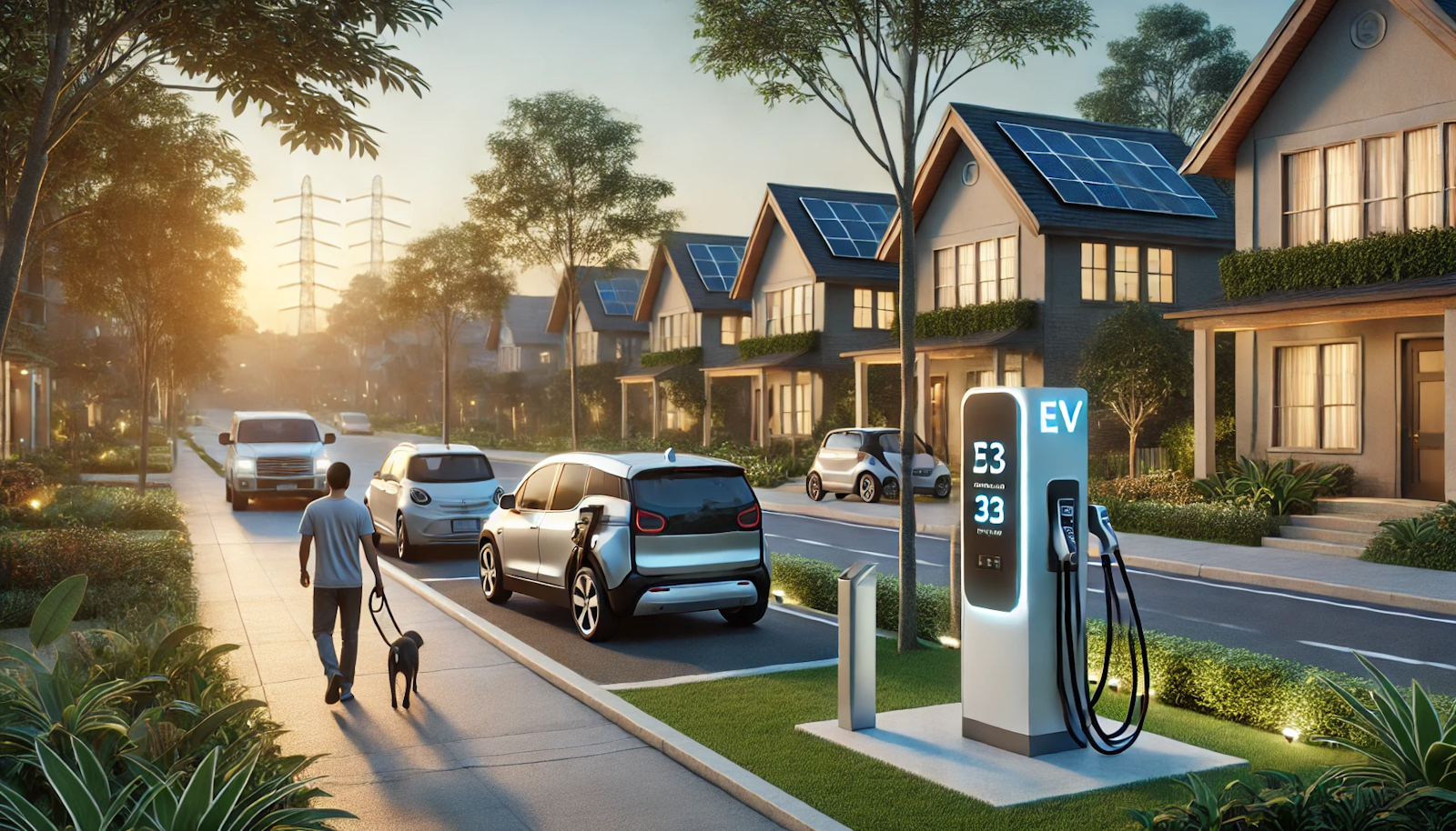 Suburban neighborhood at dawn with a modern EV charging station, various electric vehicles, and eco-friendly homes featuring solar panels, highlighting sustainable suburban living.