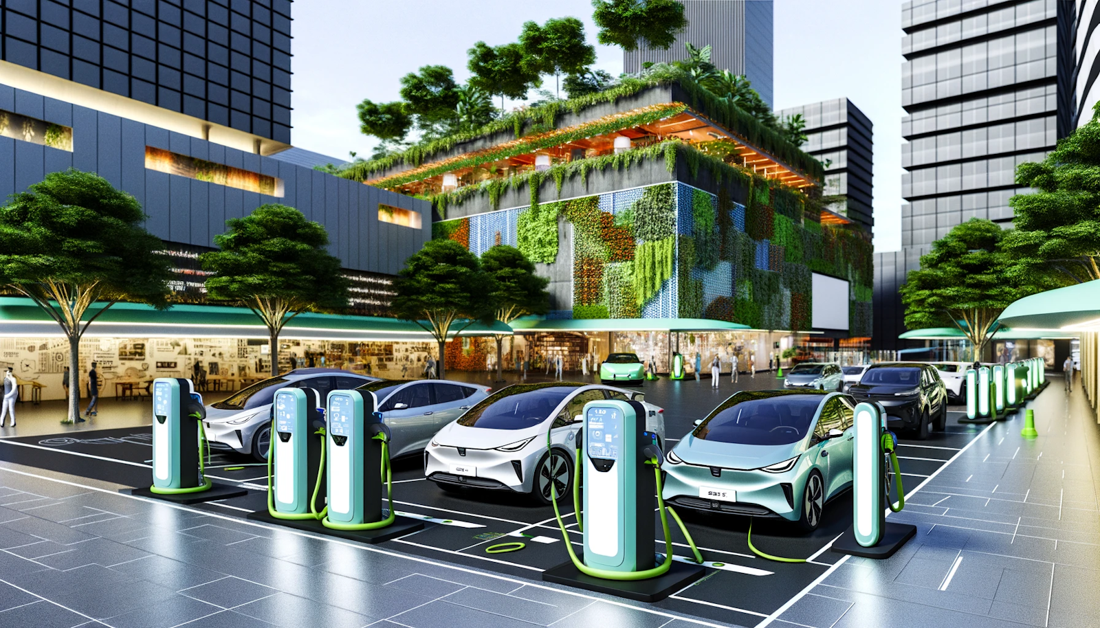 Electric vehicle charging station in a bustling city square, surrounded by modern architecture and greenery, with cars and vans connected to high-tech charging pillars, illustrating an urban blend of technology and sustainability.