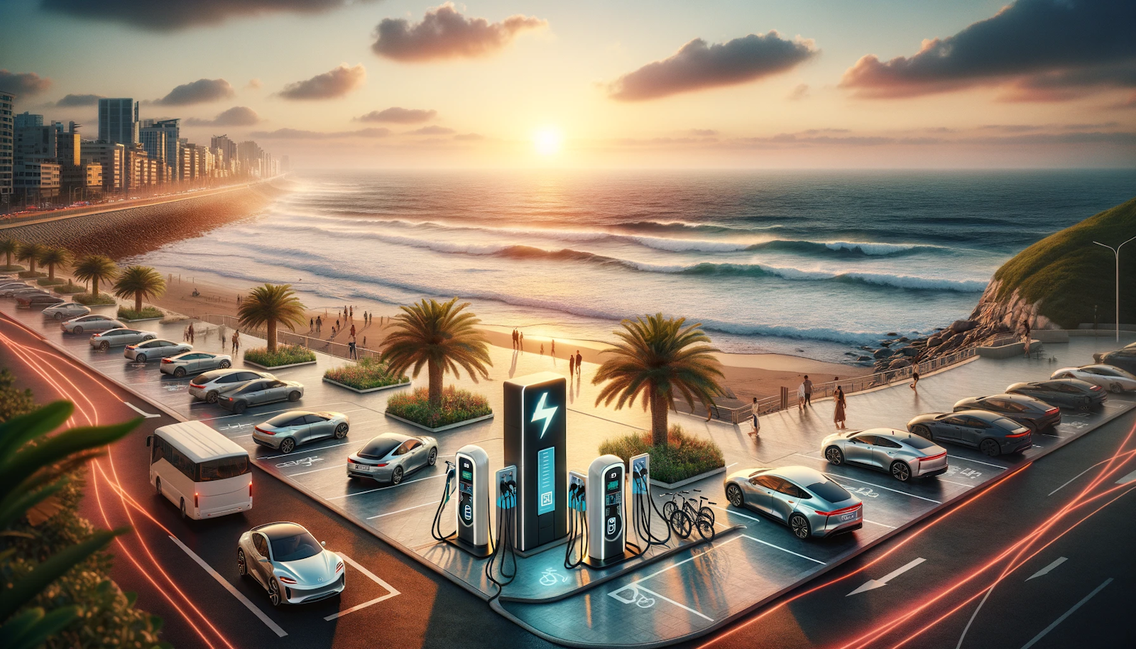 Coastal cityscape at sunset with an electric vehicle (EV) charging station on a busy promenade, surrounded by palm trees and the ocean, illustrating sustainable urban living.
