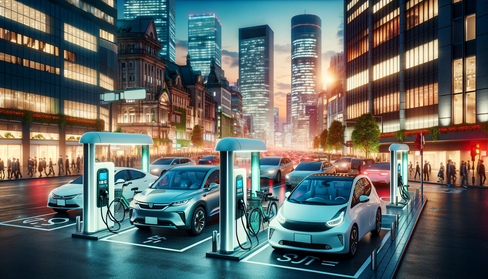 Downtown scene at dusk with an electric vehicle (EV) charging station, various EVs charging, and a vibrant city backdrop, highlighting urban sustainability.