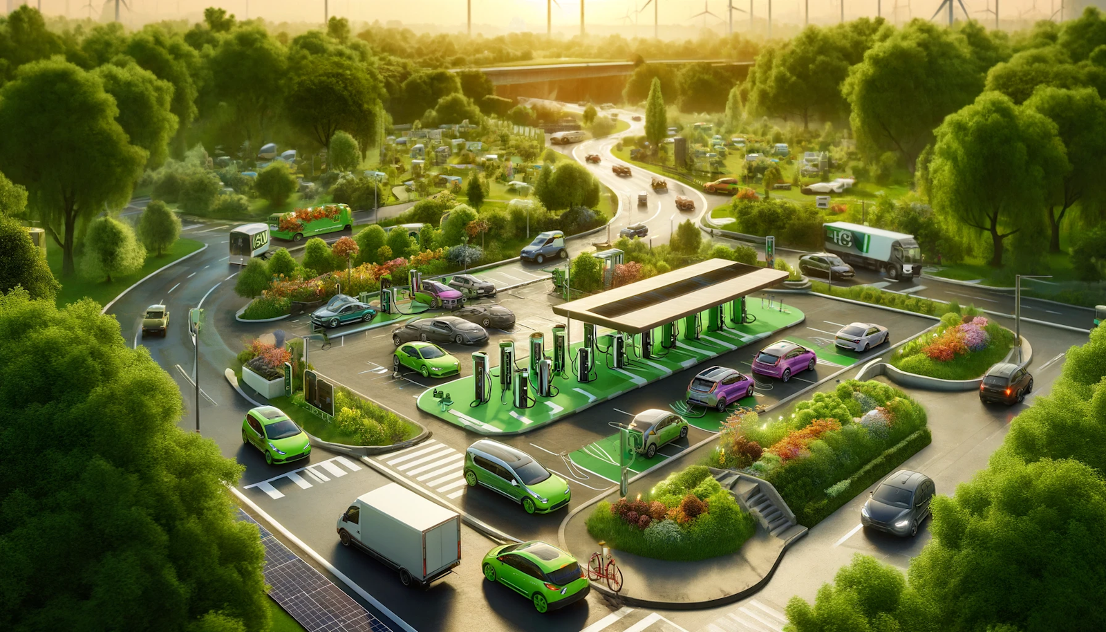 Urban electric vehicle (EV) charging station surrounded by lush greenery in a park-like setting, with cars charging under solar panels and wind turbines in the background, highlighting sustainable urban mobility.