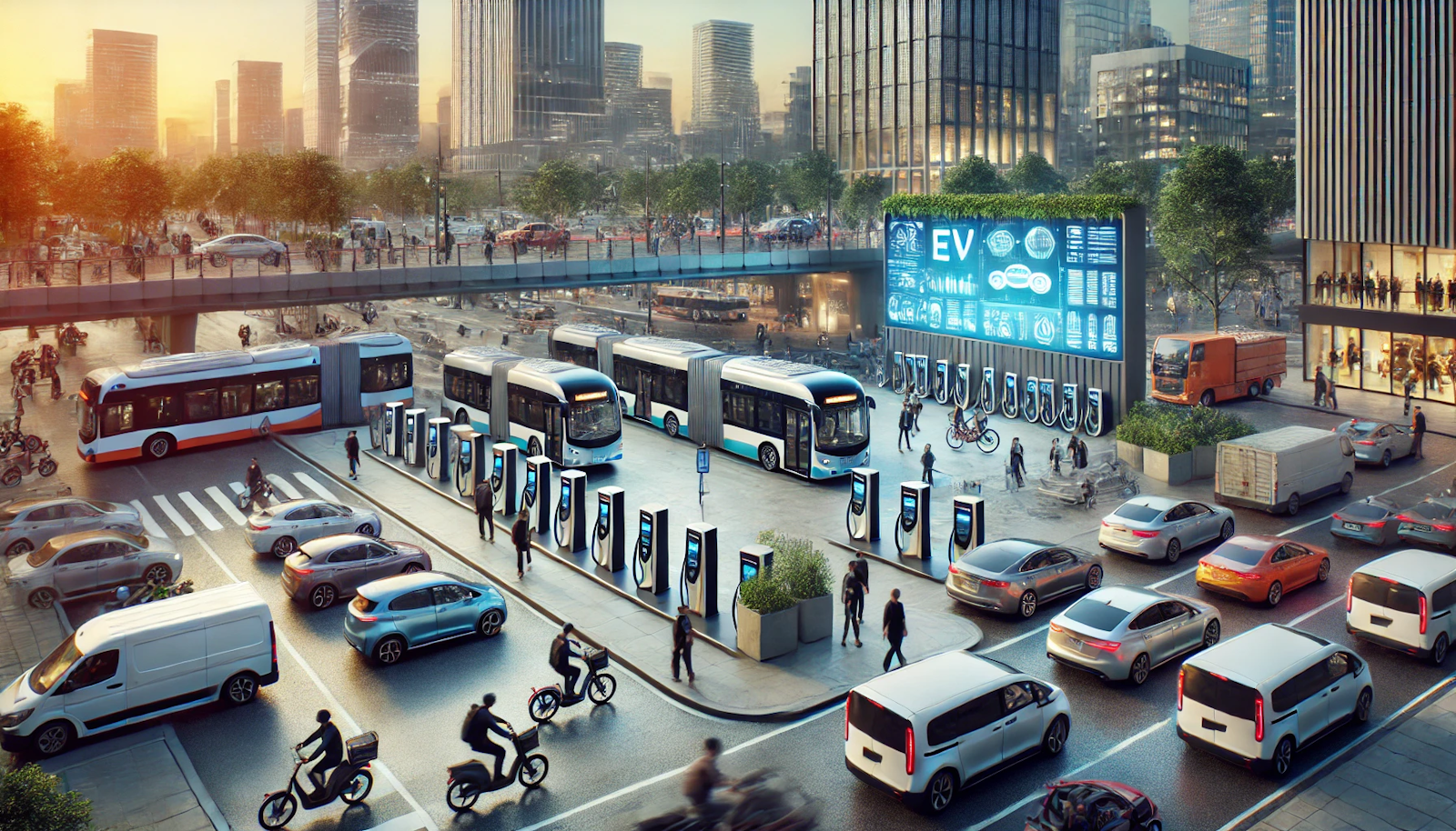 Busy urban transportation hub with a large EV charging station servicing buses, vans, and cars, surrounded by city life with pedestrians and cyclists, showcasing a fully electrified urban environment.