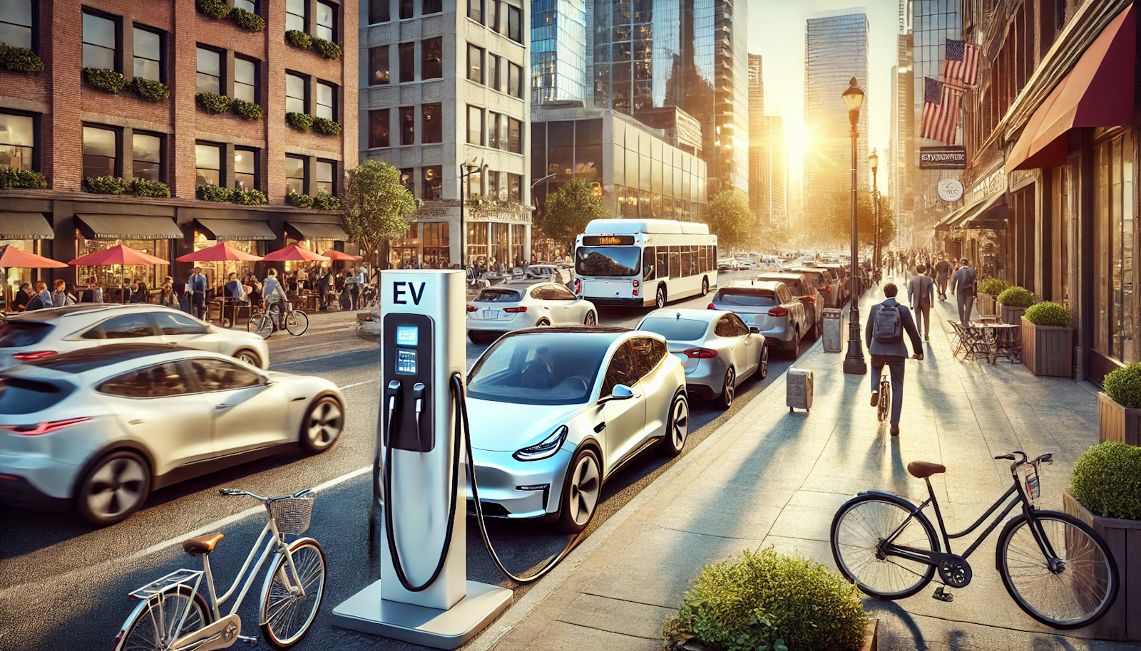 Morning rush hour on a city street with a modern electric vehicle (EV) charging station, surrounded by luxury sedans and compact cars, cyclists, and pedestrians, showcasing sustainable urban transportation.