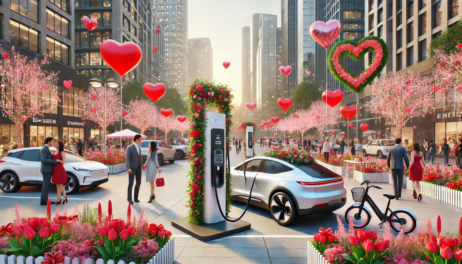 Vibrant urban park on Valentine's Day featuring a modern EV charging station decorated with heart-shaped balloons and romantic motifs. Couples and individuals enjoy the festive atmosphere, highlighting sustainable love in an urban setting.