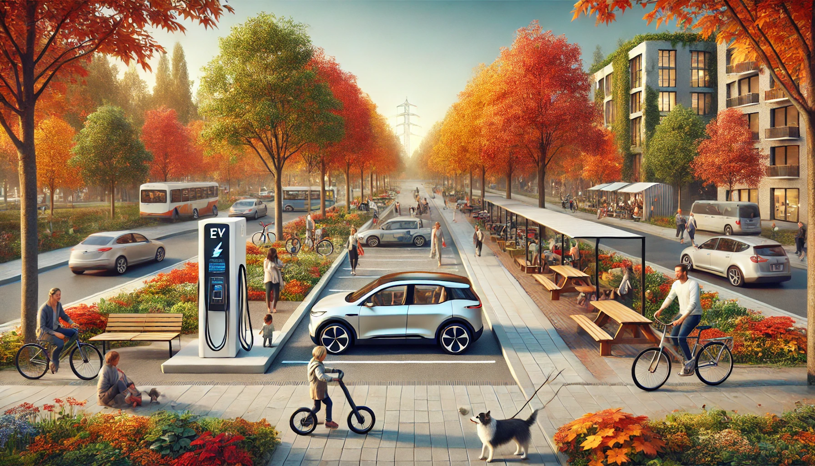 Urban park in autumn with an EV charging station, bustling with people and pets among colorful fall foliage, showcasing sustainable transportation in a communal setting.