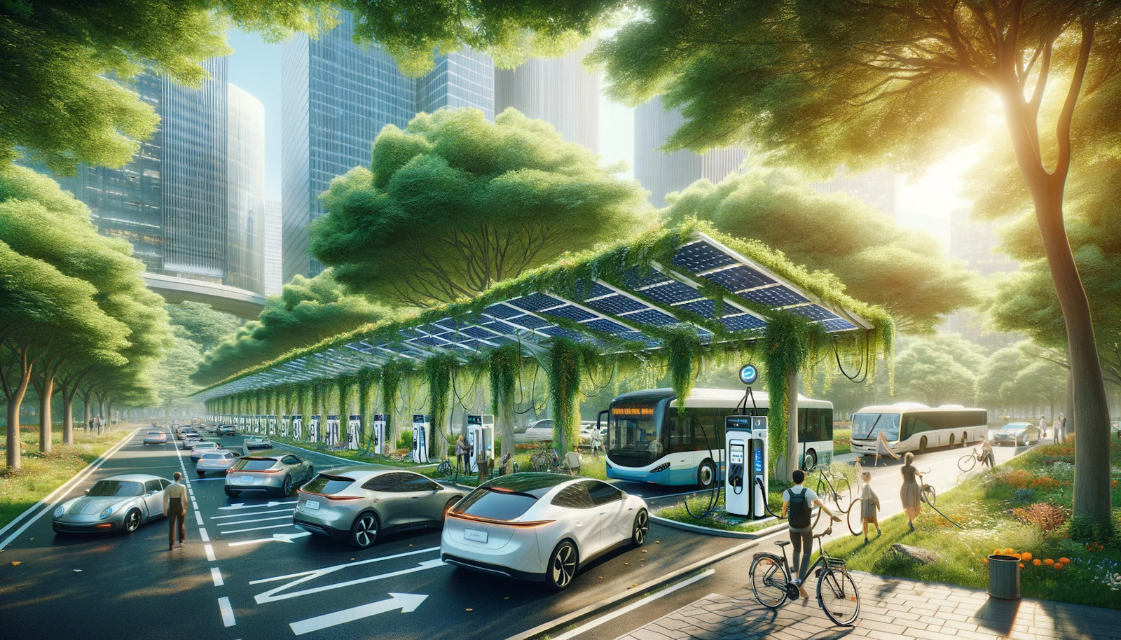 Futuristic cityscape with integrated electric vehicle charging stations among electric cars, buses, and trucks in a sustainable urban environment.