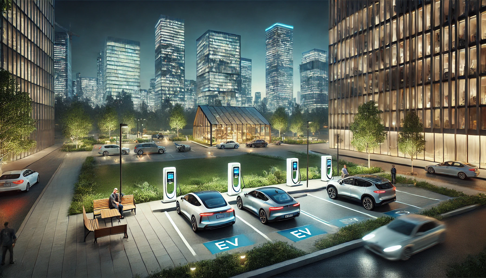 Urban park at night with a sleek EV charging station, ambient lighting, and people enjoying the evening against a backdrop of city buildings.