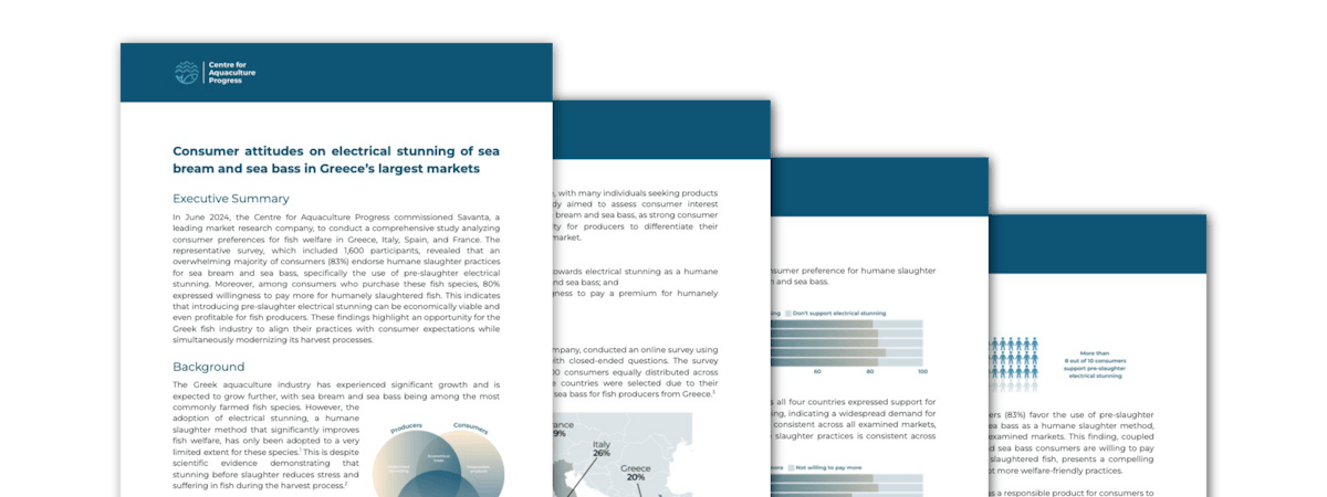The Centre for Aquaculture Progress publishes a new survey on consumer preferences for pre-slaughter electrical stunning of sea bream and sea bass in Greece, Italy, Spain, and France.