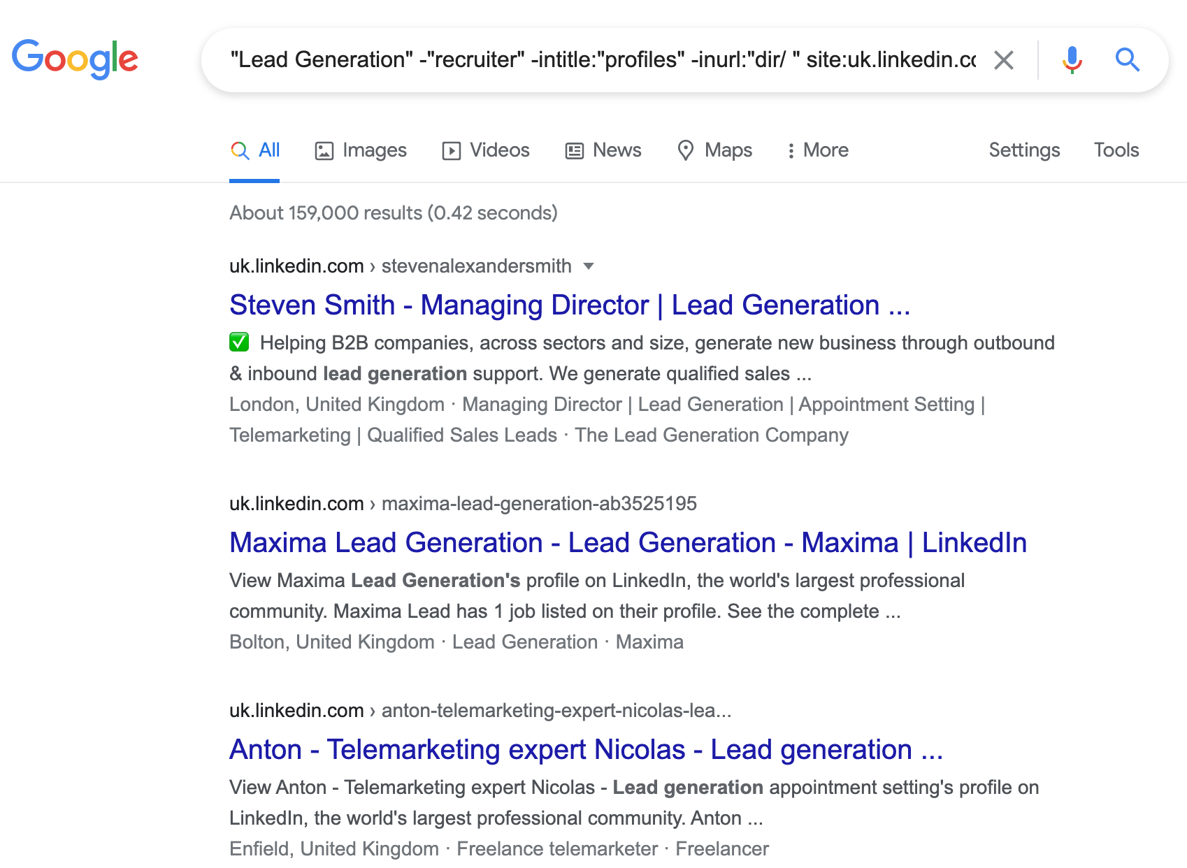 LinkedIn search in google