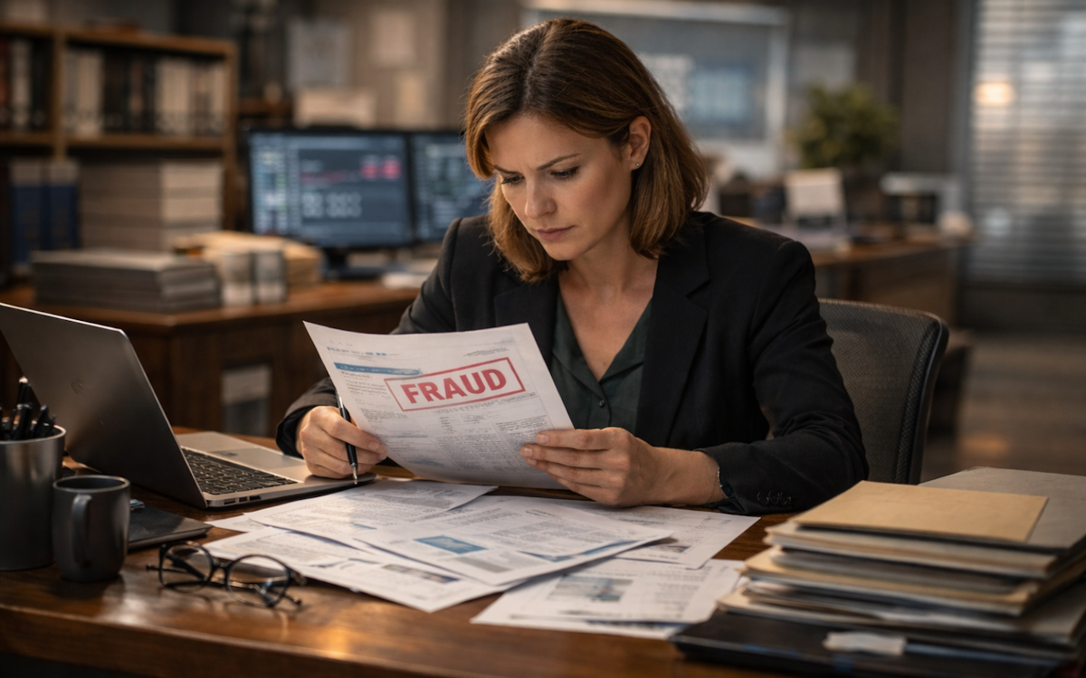 Investigative healthcare journalist reviewing hospital billing documents labeled ‘FRAUD’