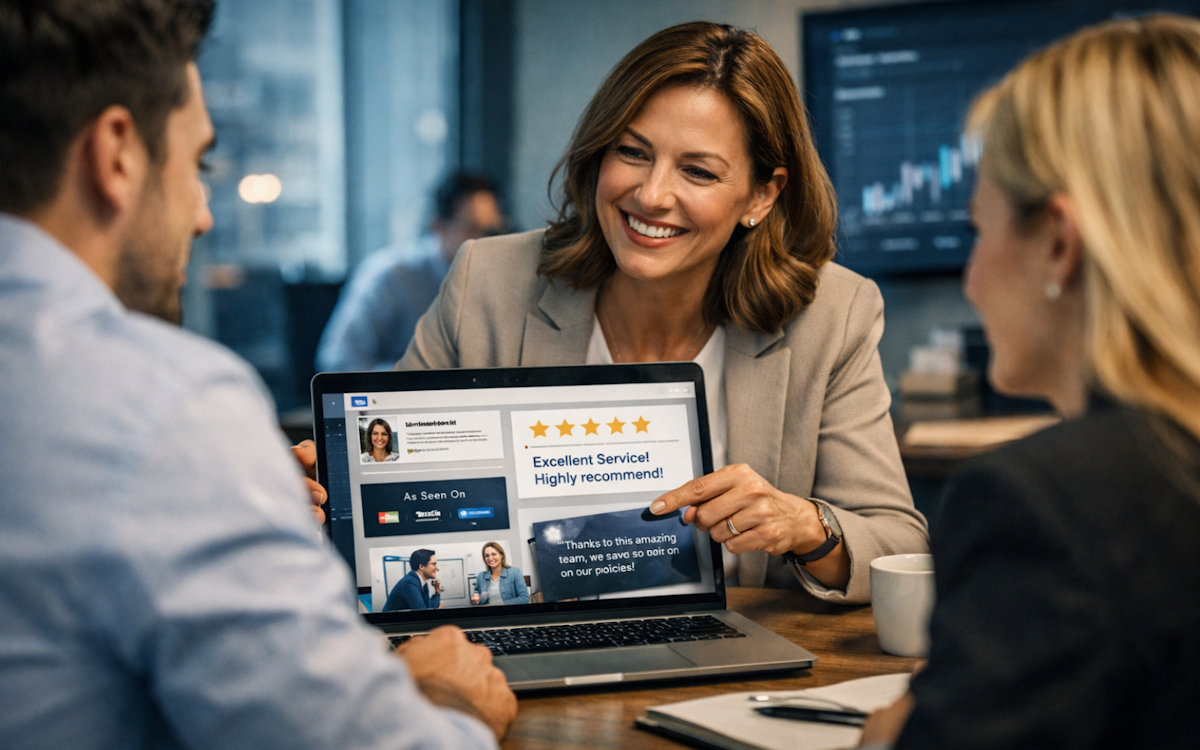 A professional woman reviewing social proof with two colleagues at a table. They are engaged in discussion, dressed in business casual attire, in a modern office setting. The scene conveys collaboration, credibility, and trust in an insurance or client-focused context.