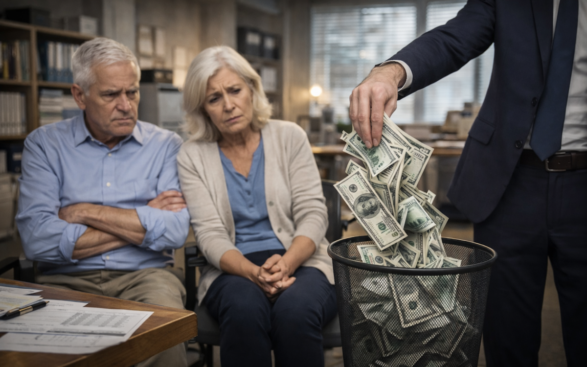 A senior couple sits across from a financial advisor who is distracted and dismissive, while a wastebasket beside his desk overflows with U.S. dollar bills—symbolizing missed financial opportunities like life settlements.