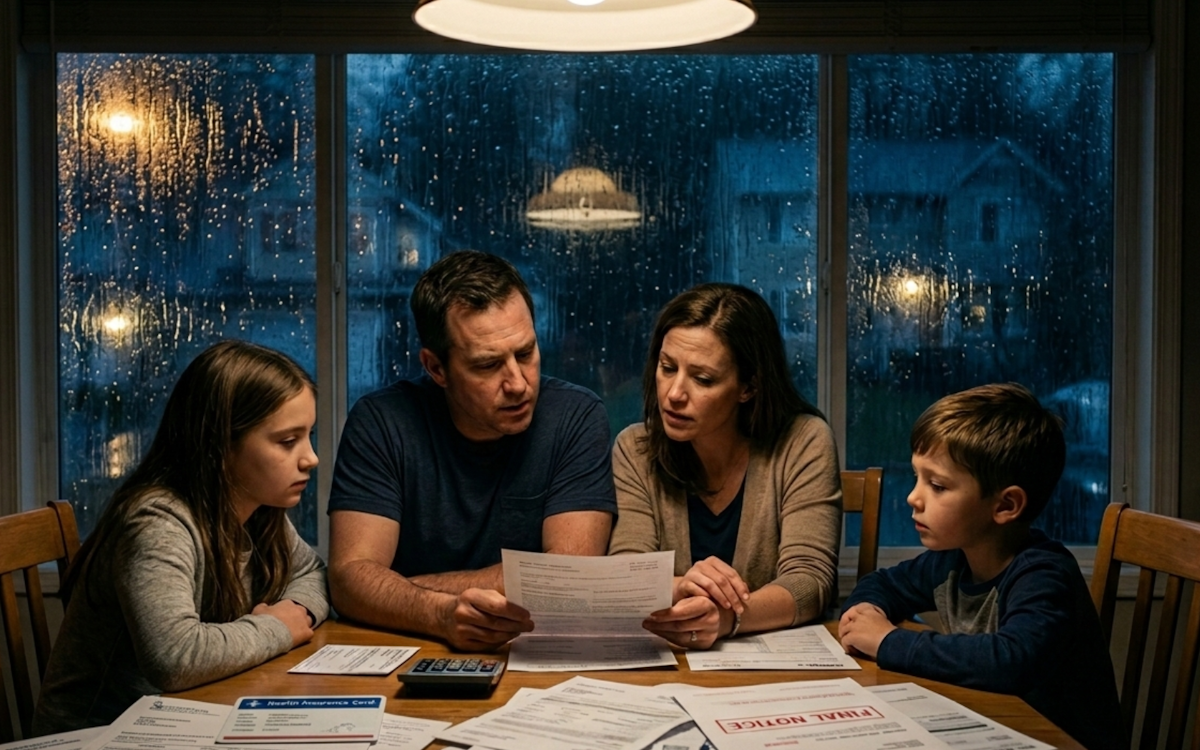 Family of four reviewing medical bills and health insurance documents at a kitchen table at night, viewed through a rain-streaked window with warm interior lighting and dramatic cinematic mood, representing financial pressure and health coverage decision-making.