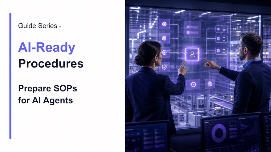 Operations and quality leaders reviewing a governed AI procedure workflow in a modern industrial control environment