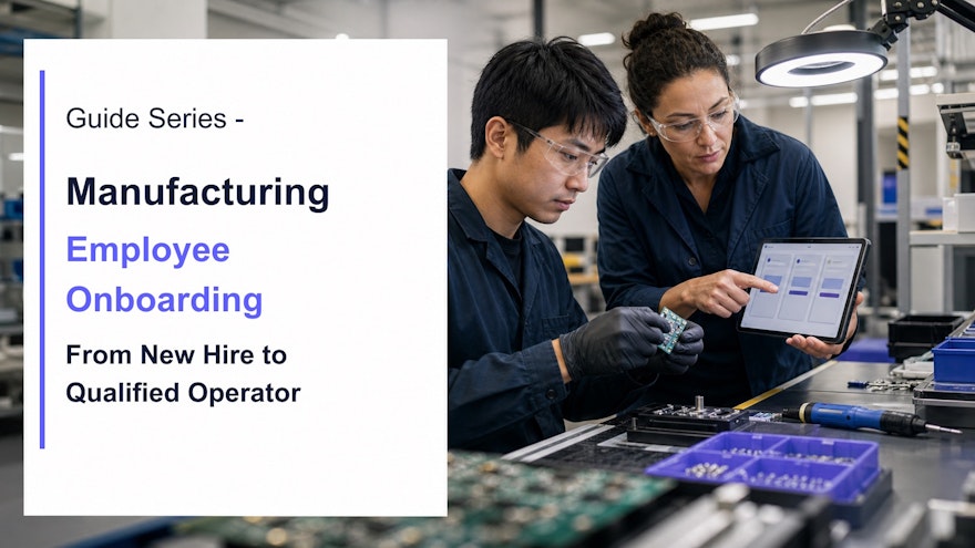 Experienced manufacturing trainer coaching a new employee through a controlled workstation task