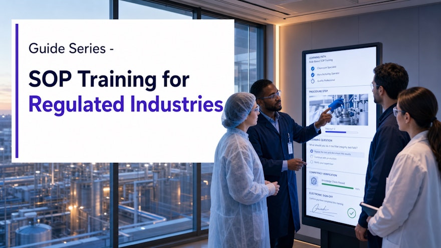 Quality trainer leading role-based SOP training with a cleanroom specialist, operator and quality professional