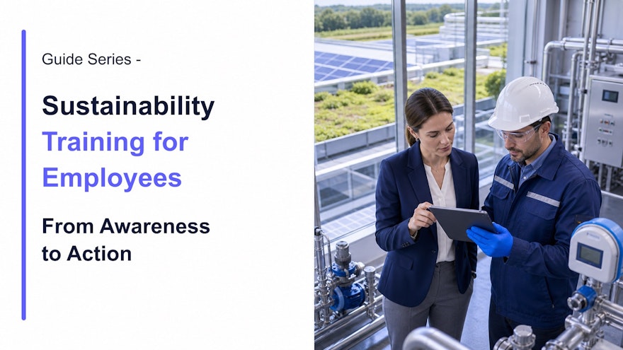 A sustainability manager and manufacturing operator reviewing energy, water and waste performance in a modern industrial facility
