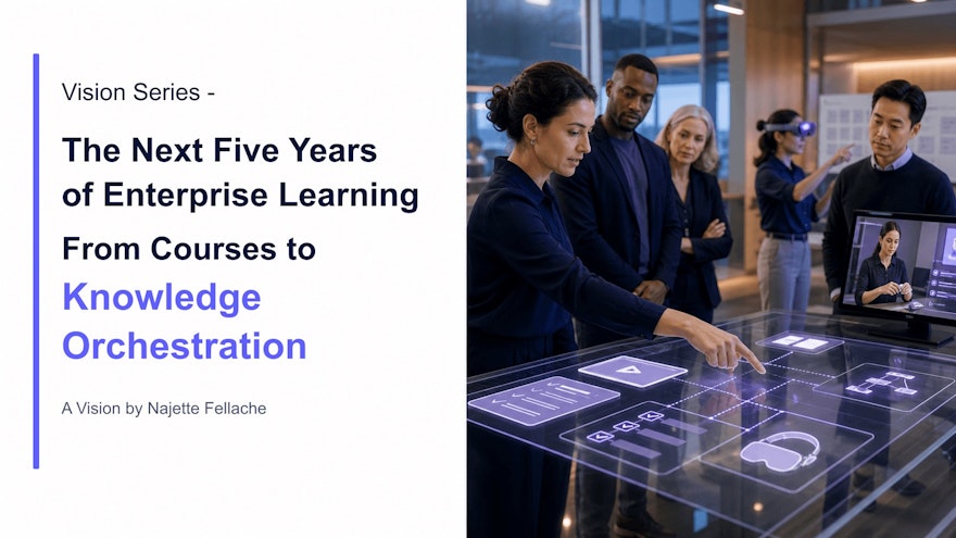 An enterprise learning orchestration studio connecting expert demonstrations to video, checklists, scenarios and immersive practice