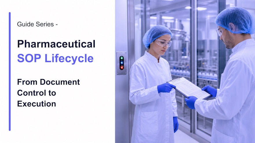 Quality specialist and pharmaceutical operator reviewing a controlled SOP beside production equipment in a regulated facility
