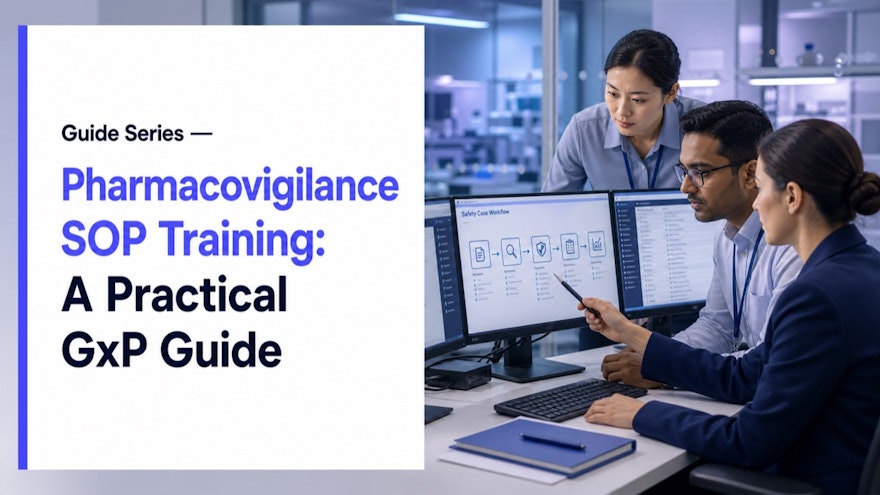 A pharmacovigilance professional completing governed SOP training for drug safety work