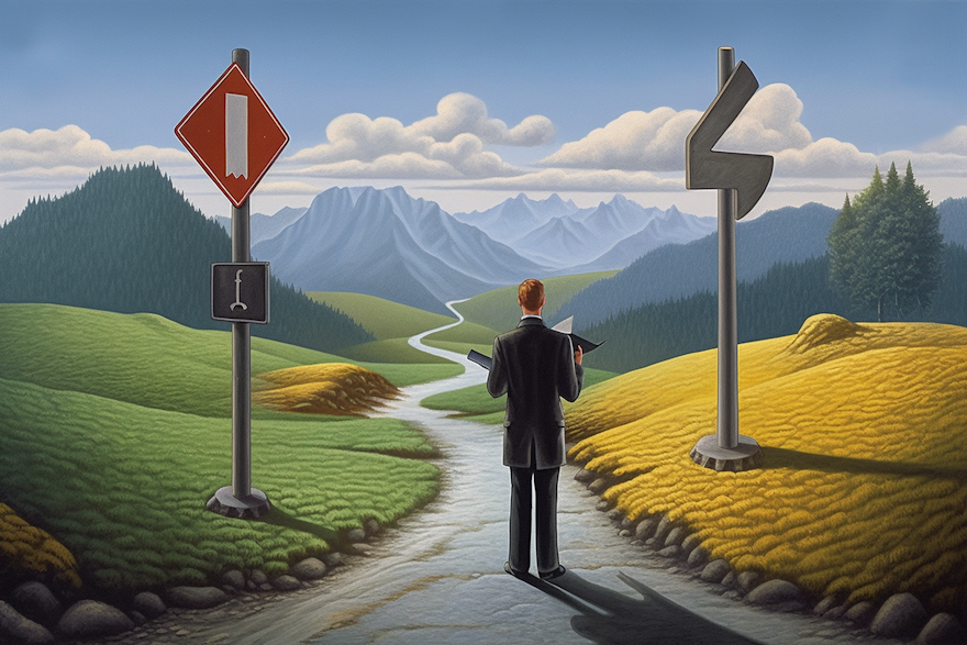 A confident entrepreneur standing at a crossroads with two signposts, one labeled "Self-Employed" and the other "SARL," against a Swiss landscape background