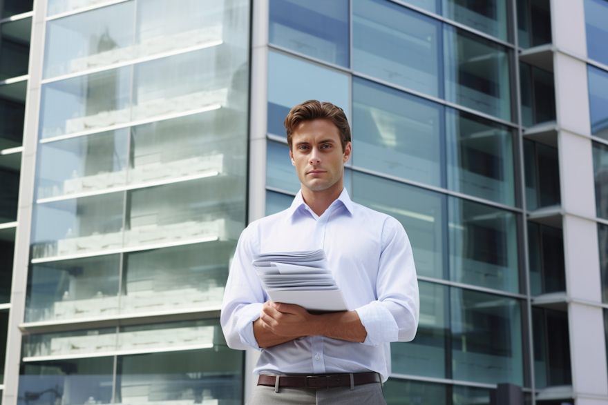 A confident entrepreneur standing in front of a modern Swiss office building, holding a stack of Swiss Francs and documents.