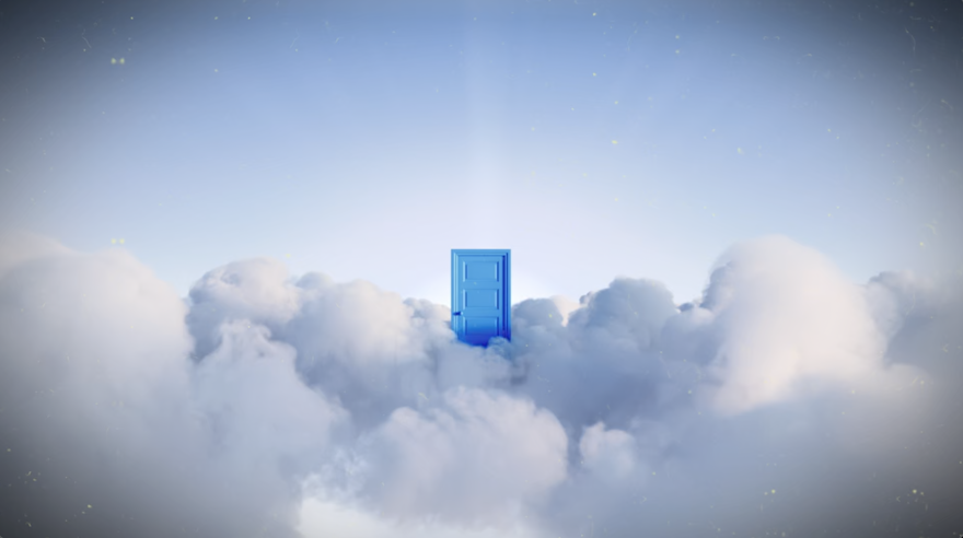 a blue door in the clouds opens and takes the viewer down to a town where a child is building a blanket fort in his room.