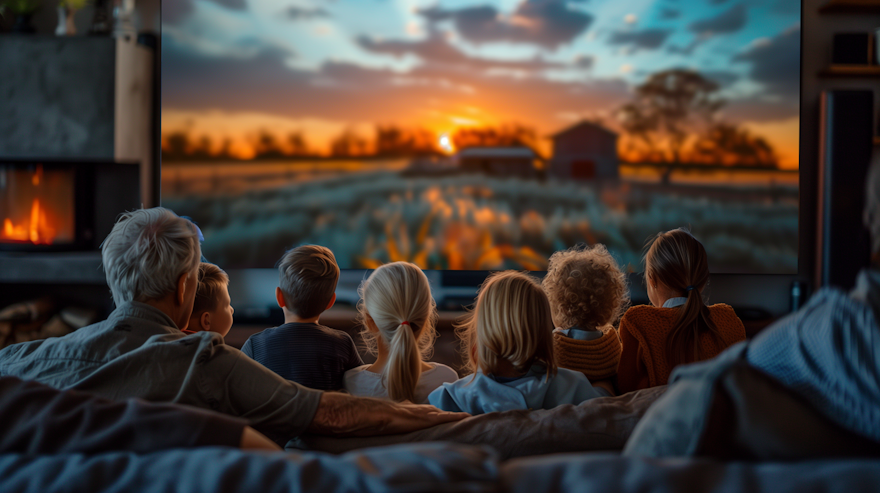 a family sits on a couch, watching an end-of-life video created for them by the Grandmother, where she tells a story about growing up on a farm. There is a sunset and the farm and fields.