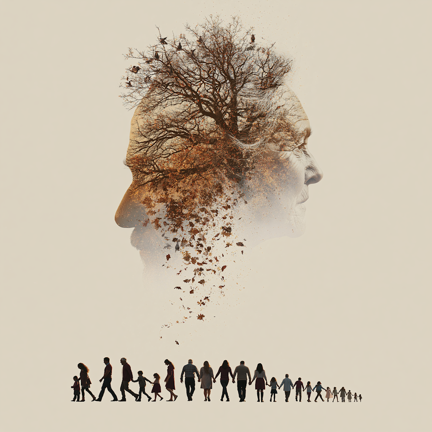 Multigenerational family silhouettes walking together beneath a double exposure of an elderly face and an autumn tree, representing legacy, memory, and family story preservation
