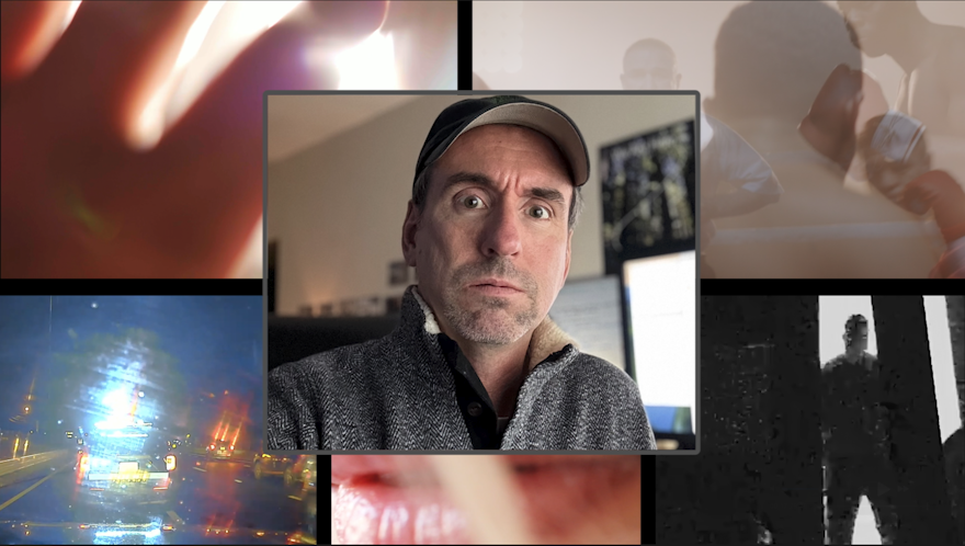 Video editor looking exasperated with various bizarre videos playing in background.