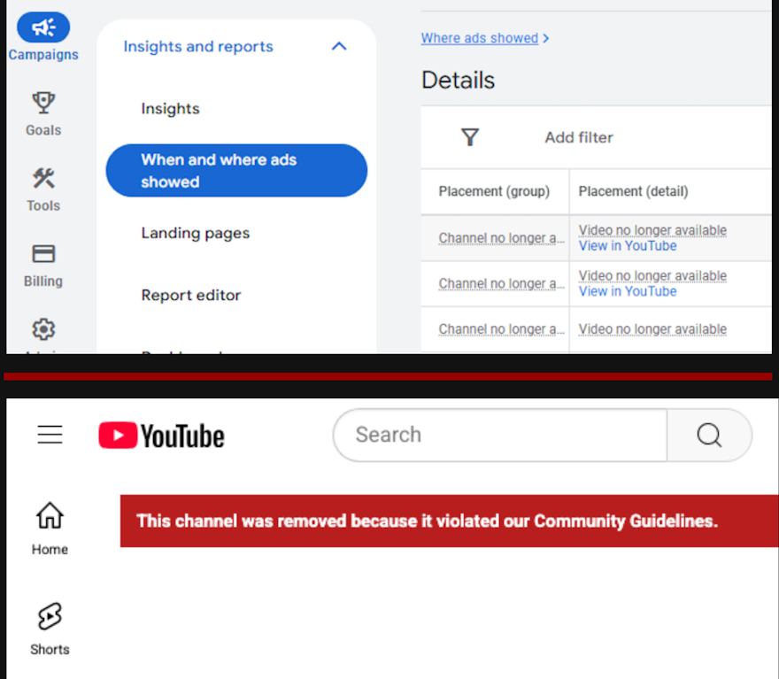 Screenshot of a YouTube channel, showing the video has been removed for allegedly violating YouTube's Community Guidelines
