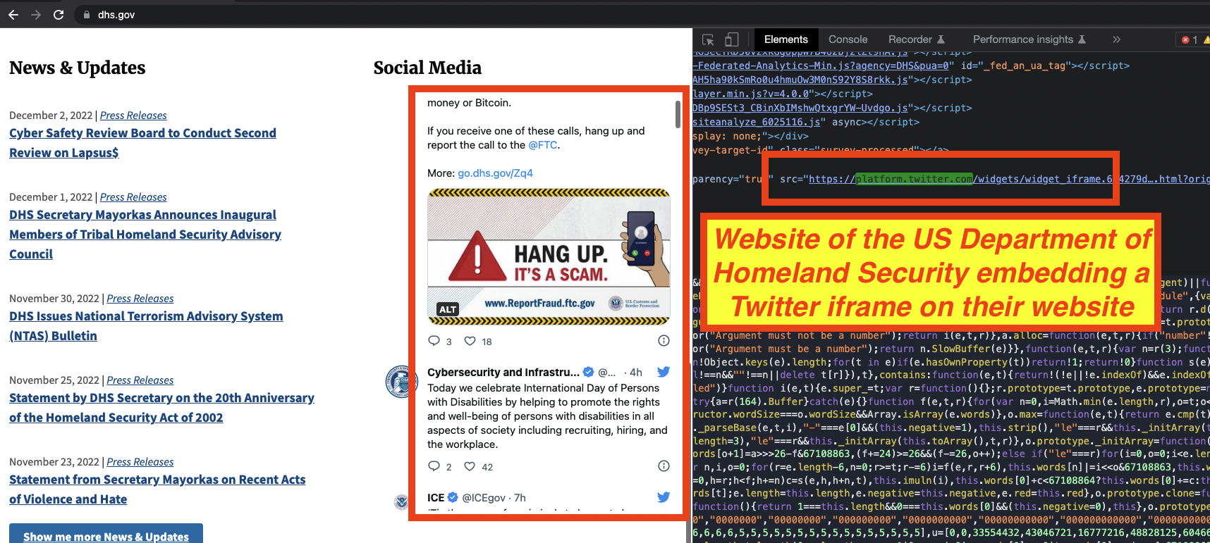 DHS.gov website hosting the Twitter syndication iframe