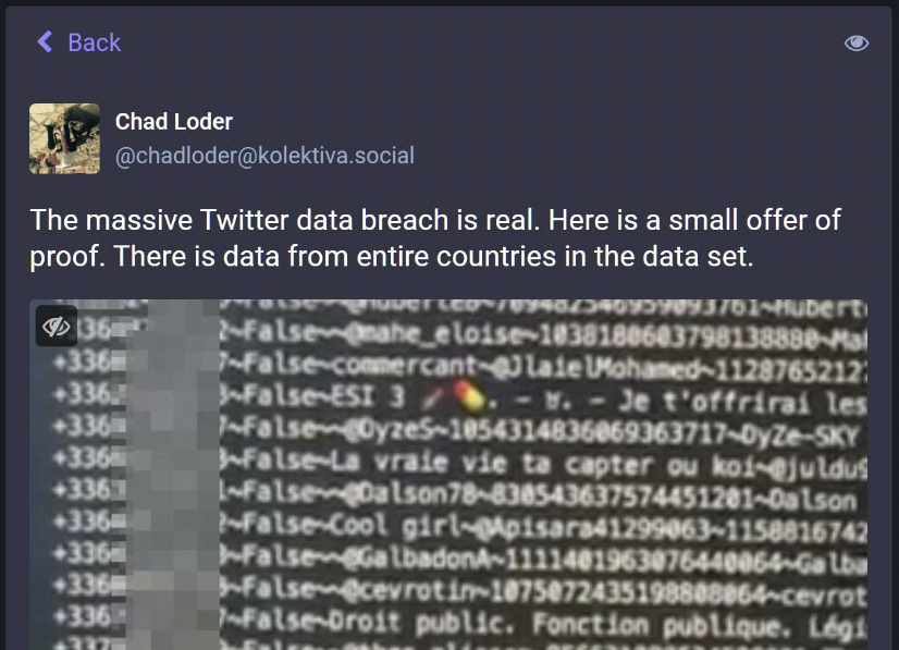 chad loder posting on mastodon about twitter data breach