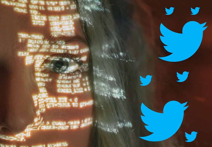 A woman with computer code projected over her face watches while Twitter logo birds fly by